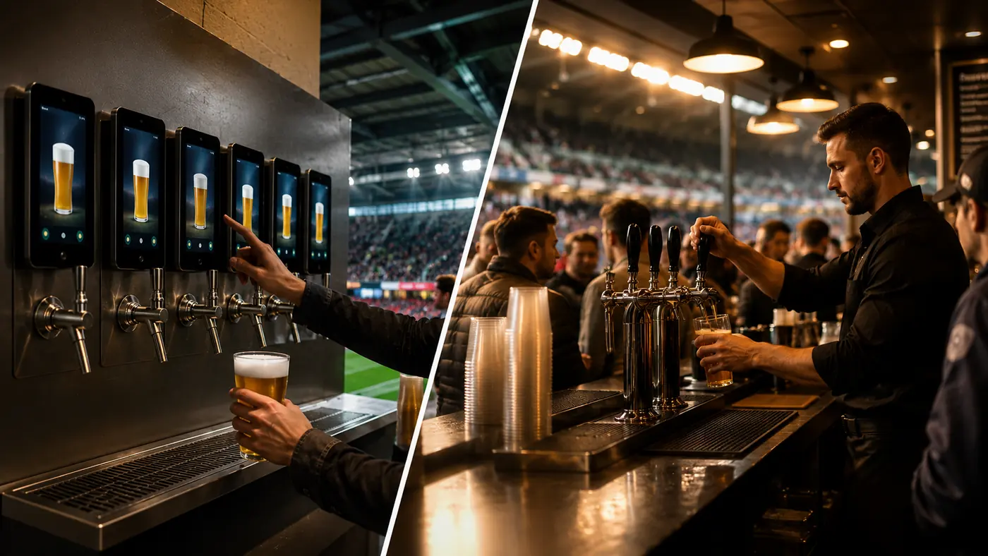 Self-serve dispense taps beside a busy back bar at a stadium venue